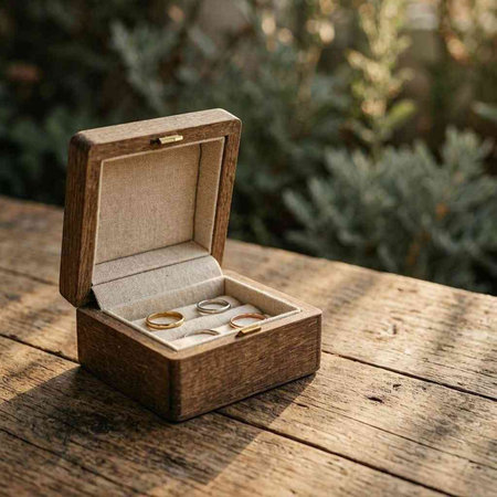 wedding rings in a wooden box on a wooden table.