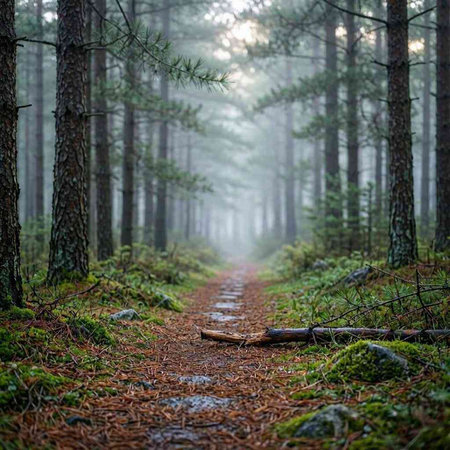 Path in the misty pine forest. Pine trees in the morning.