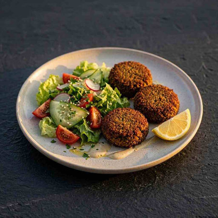 Vegetarian falafel balls with salad and lemon on a dark background