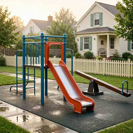 Playground in front of a house in the evening light with copy space