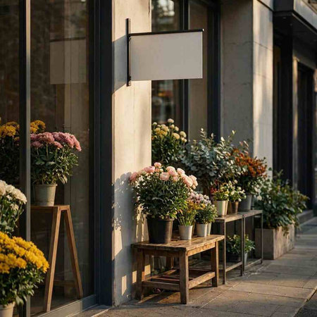 Flowers in pots on the street of the city. Flower shop