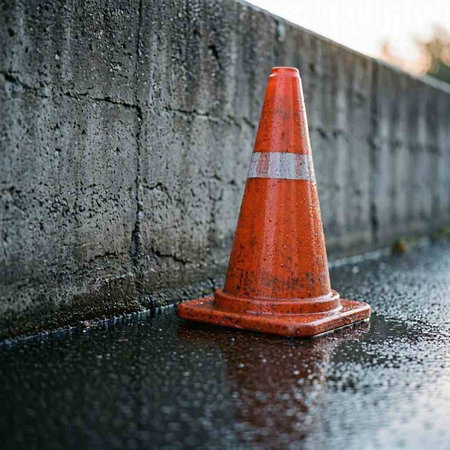 Traffic cone on a wet road in the rain. Close-up.