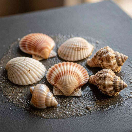 Seashells on a black plate. Close-up.