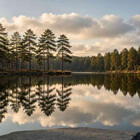 Pine forest reflected in the calm water of a lake at sunrise