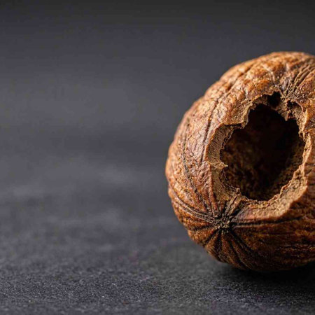 Whole nutmeg on a dark background. Close-up.