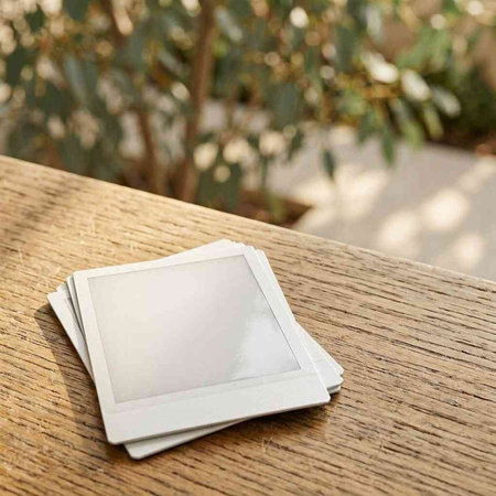 Blank photo frame on wooden table in coffee shop, stock photo