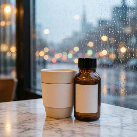 Coffee glass bottle with blank label and paper cup on white marble table in front of window with blurry city lights.