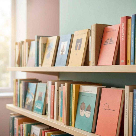 Books on bookshelf in library. Back to school concept.