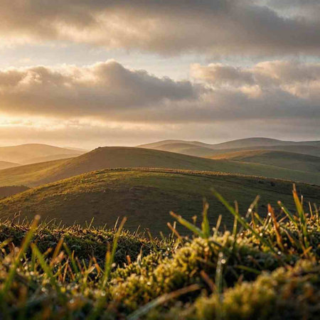 Dramatic sunset over the rolling hills of the Peak District National Park
