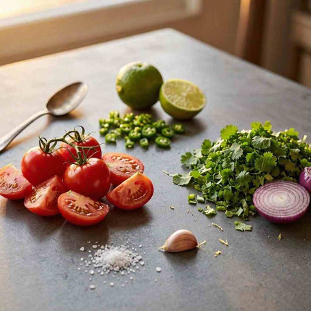 Tomatoes, onion, cilantro and lime on a kitchen table.