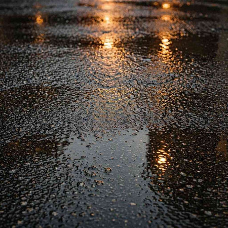 Raindrops on the asphalt in the evening. Shallow depth of field