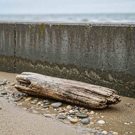 A piece of driftwood lying on the beach on a stormy day.