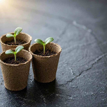 Small seedlings in peat pots on a dark stone background.