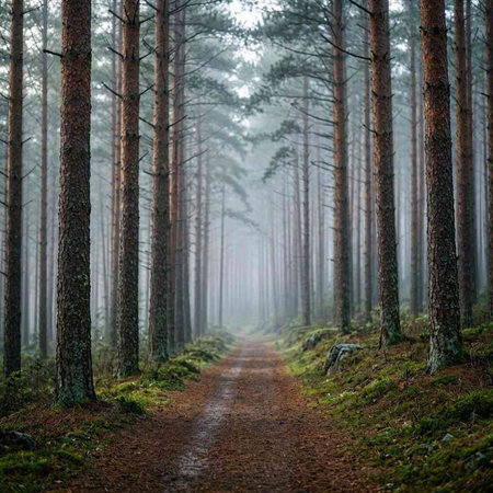 Pathway through the mysterious evergreen forest in a foggy morning