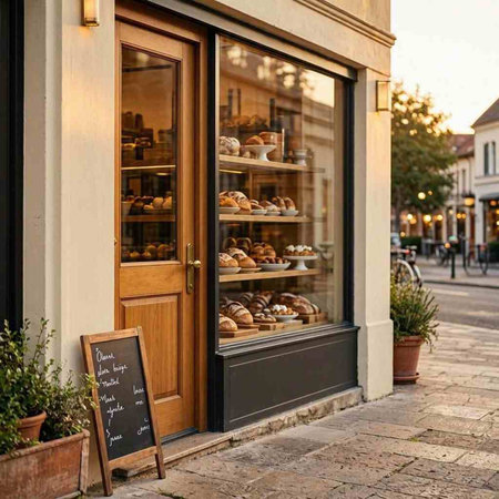 Bakery shop window with croissants and baguettes in the foreground
