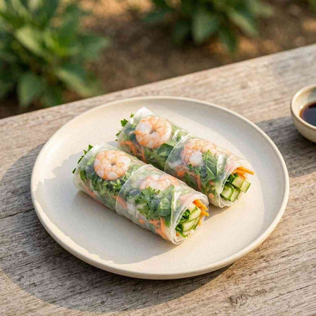Spring rolls with shrimps and vegetables on a wooden table.