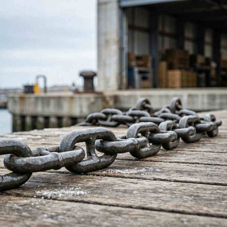 Rusty chain on a pier in the harbor. Selective focus.