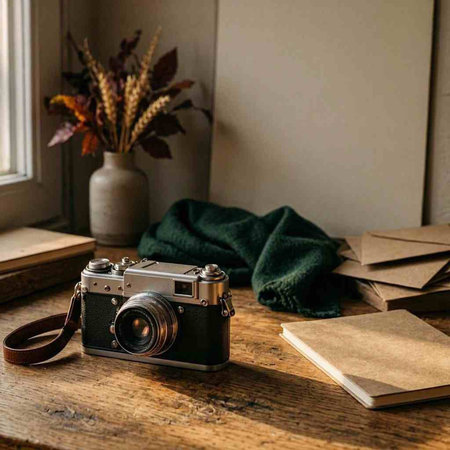 Vintage camera on the wooden table with a book in the background