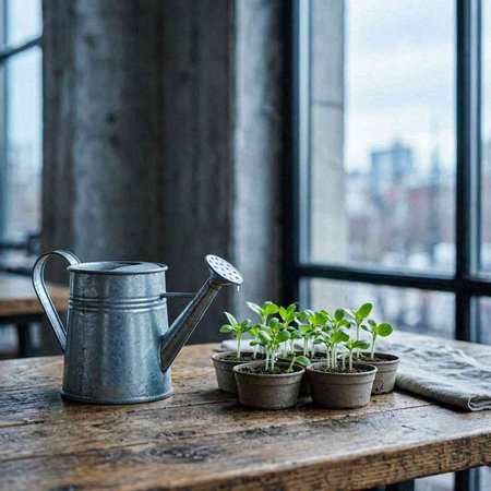 Watering can and seedlings on the wooden table near the window