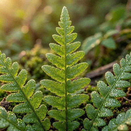 Green fern leaves in the forest at sunrise. Natural background.