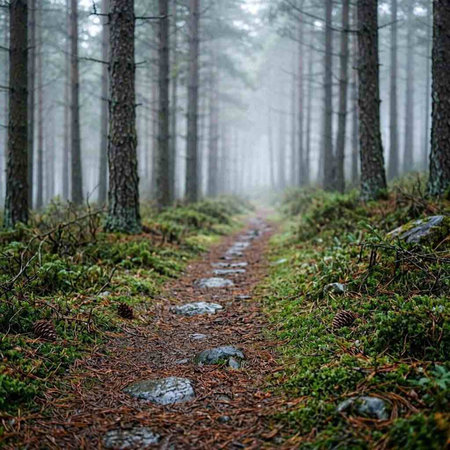 Path in the forest in a foggy day. Pine and spruce trees close-up.