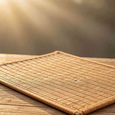 Bamboo mat on a wooden table with sunlight in the background.