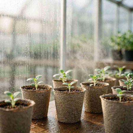 Small seedlings in pots on a wooden table in a greenhouse.