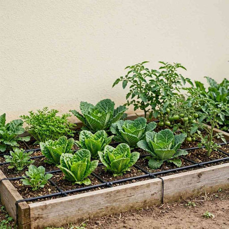 Vegetable garden in a wooden box. Growing organic vegetables.