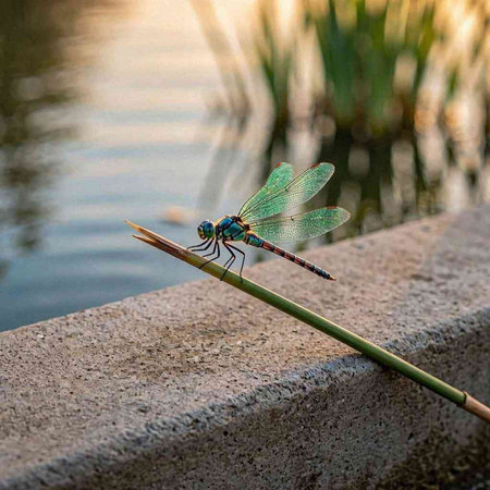 Dragonfly sitting on a blade of grass in front of a lake
