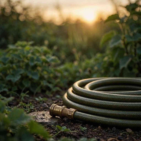 Abandoned green hose on the ground in the garden at sunset