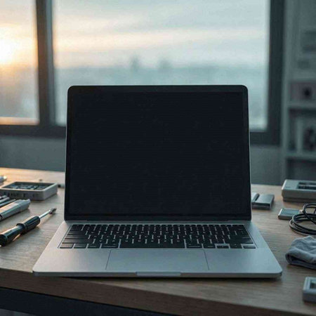 Laptop with blank screen on the table in the office at sunset