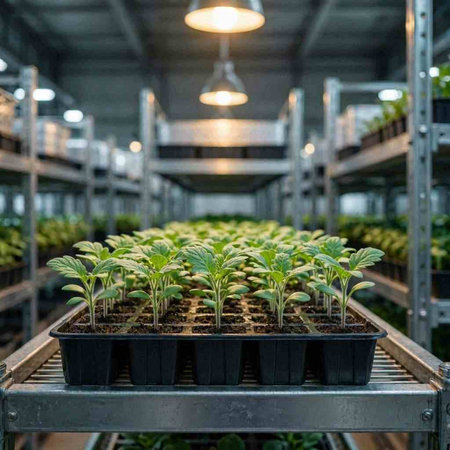 Plant seedlings in plastic pots on a shelf in a greenhouse