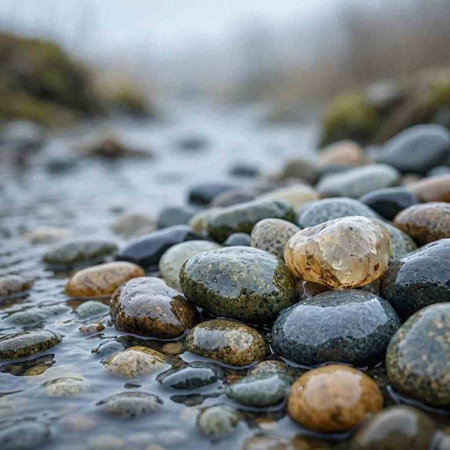 Pebbles on the shore of a small river in winter.