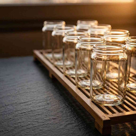 Empty glass jars on a wooden stand on a black stone table.