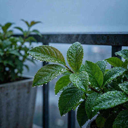 Water droplets on the leaves of a plant in a balcony.