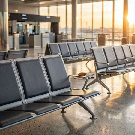 Empty seats in the airport terminal at sunset, waiting for flight.