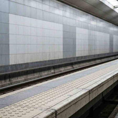 abstract scene of empty subway station with white and gray tiles.