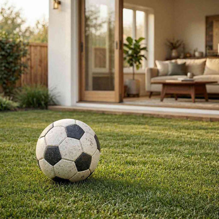 Soccer ball on green grass in front of a modern house.