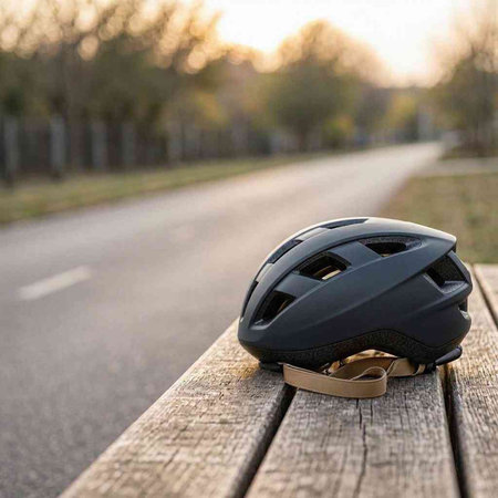 Bicycle helmet on a wooden bench on a background of the road