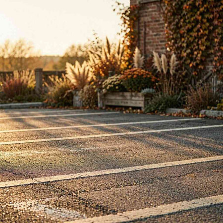 Sunlit paving slabs in front of a house in the fall