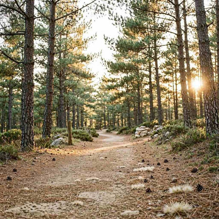 Path in the pine forest at sunset. Beautiful natural landscape with coniferous trees.