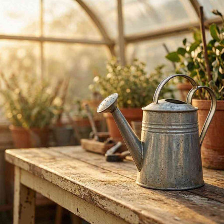 Watering can and pots on a wooden table in a greenhouse.