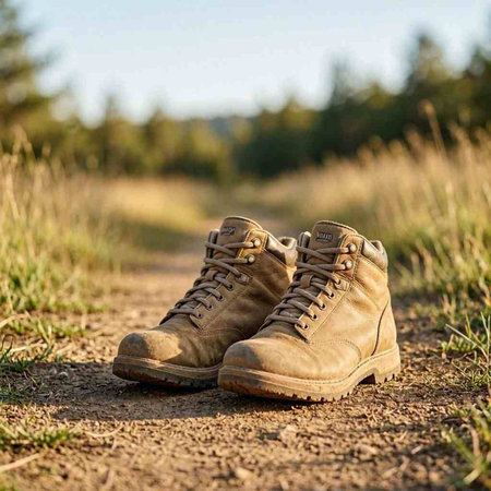 A pair of old hiking boots standing on a path in the forest