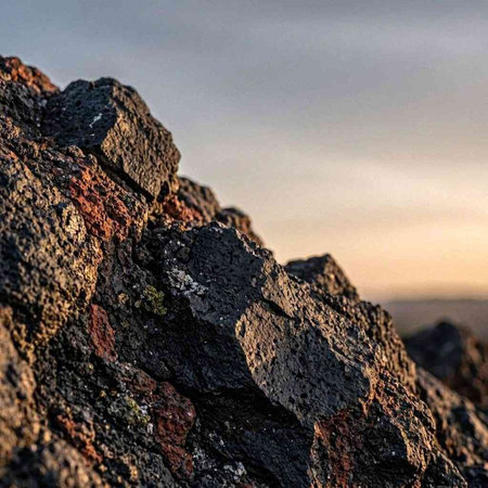 Volcanic rock close-up at sunrise. Volcanic landscape.