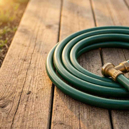 Garden hose on a wooden floor. Selective focus with shallow depth of field.