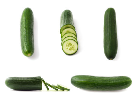 Cucumber on many ways. Composition on white backgroundの写真素材