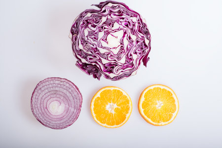 Orange, 
cauliflower and onionsの写真素材