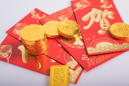 gold coins and red envelopes