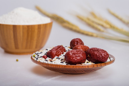 flour, grains and red dateの写真素材