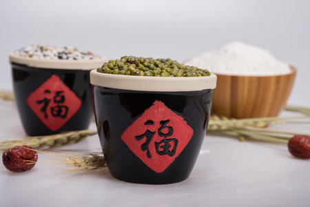 Flour, grains and red dateの写真素材